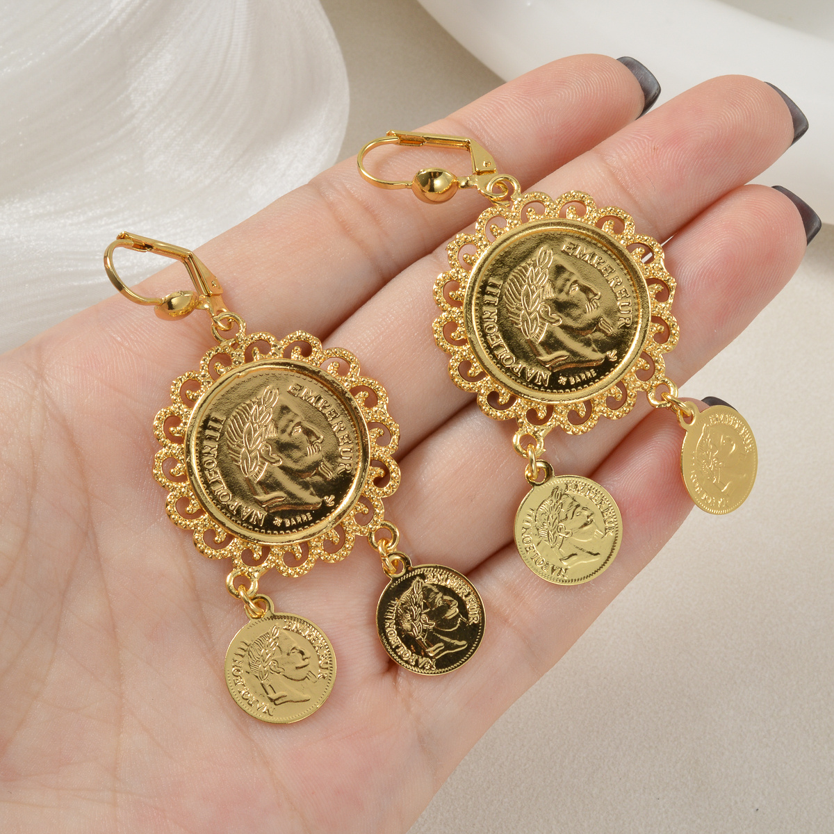 18K Golden Plated Vintage Portrait Drop Earrings